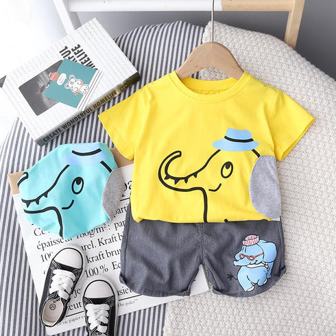 Round Neck Elephant Short Sleeve Suit Boys' Loose Shorts Two Piece Set